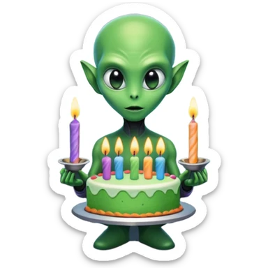 A detailed alien holding a colorful birthday cake with lit candles, standing inside a futuristic spaceship, cinematic lighting, ultra realistic textures, high resolution, dramatic shadows, sci-fi atmosphere
 sticker