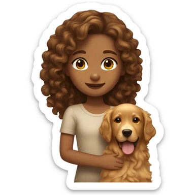 Tan skinned girl with  long brown curly hair with a golden retriever puppy sticker