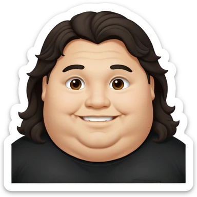 Joven obese, long hair, pelo largo, cuerpo grande, latino piel canela, cara redonda-ancha, scruff sin barba completa, cejas gruesas, pelo oscuro ondulado flat largo hasta el cuello. Sonrisa amplia, expresión alegre. Camisa negra. Size large.  sticker