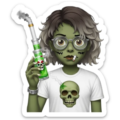 brown short wavy haired zombie getting stoned with weed t shirt and bong on his hand and wearing black chrome hearts bifocals sticker