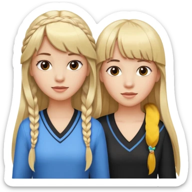 Woman very long flowing blonde hair With BANGS standing next to woman DARK BROWN HAIR with BANGS ONE BRAID on one side.   sticker