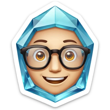 A single crystal gemstone character wearing glasses, chunky and irregular with faceted very sharp sides, smile, , high detail, sticker