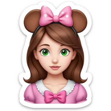 Brown hair girl with green eyes wearing Minnie Mouse ears with a pink bow sticker