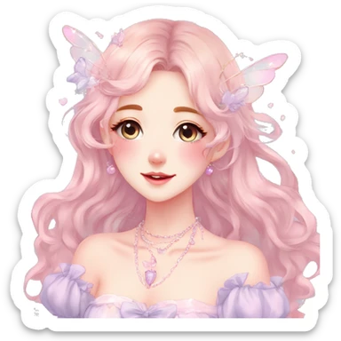 Gorgeous pastel anime style lady with blushing face and fairy dress necklace cottagecore fairycore pastelcore colorful pearly romantic simplistic aesthetic trending style sticker