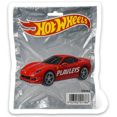Hot Wheels packaging with a red Ferrari featuring bold racing-style 'PLAVLEYS' text on the car, shiny and inflated, vacuum-sealed style sticker