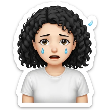 a pretty fair bratz girl with black curly hair, crying, wearing a white tshirt sticker