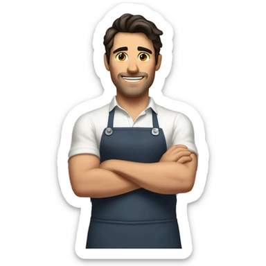 Handsome strong white man with dark hair in kitchen with apron sticker