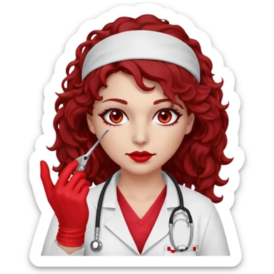 Lilith scalpel in hand, evil surgeon sexy surgeon clothes.  She has red eyes. Dark brown curly hair. Wears sexy doctor outfit with red gloves.covers her mouth necknose with red bandana to hide  her identity. Hair is long and brown hair is free but must cover her face sticker