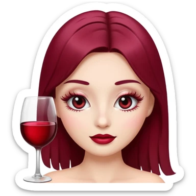 “Create elegant emoji of wine red color, shiny effect, long eyelashes, soft makeup look, high quality 3D.” sticker