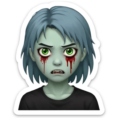 3D emoji-style avatar with very pale blue-grey zombie skin, dark brown hair, a young Asian face, and large green eyes with blood tears. Give it white litle bit messy mullet hair style , silver hoop earrings, and a plain black T-shirt. The face expression should be slightly angry, with vampire fang sticker