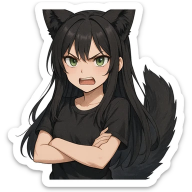 A girl with black fox ears and a tail, green eyes, dark hair, looking angry sticker