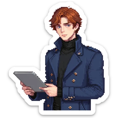 Flat pixel art, bold and charismatic male leader, Caucasian, short auburn hair, sharp eyes, indigo coat over black turtleneck, one arm raised pointing out, holding tablet, waist-up, front-facing sticker