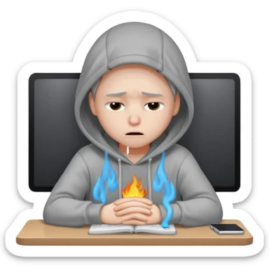 A person wearing a hoodie experiencing burnout, exhausted and overwhelmed, tired eyes, slumped posture, sitting at a desk, iOS emoji style sticker