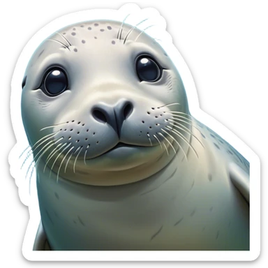 Cinematic Cute harbour seal Portrait Emoji, Head tilted playfully and inquisitively, featuring a charming, plump form with a sleek, shiny body and round, sparkling eyes full of gentle wonder, accented by a subtly contoured head, Simplified yet irresistibly adorable features, highly detailed, glowing with a warm, friendly oceanic glow, high shine, affectionate and lively, stylized with a touch of whimsical seaside charm, soft glowing outline, capturing the essence of a mischievous yet loving harbour seal that seems as if it could pop out of the screen into your arms! sticker