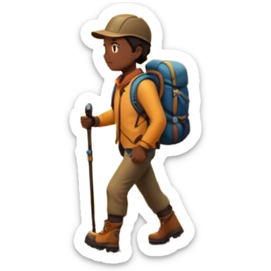 A 3D cartoon hiker silhouette standing on a rocky path at sunset, warm golden light, Memoji-style rendering. inside photo frame. sticker