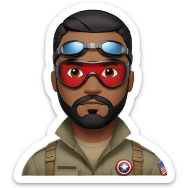 sam wilson have a short, neatly cropped black hair. It is evenly trimmed and close to the scalp, maintaining a clean and military-inspired and  a well-groomed beard that connects to his mustache,  wear sleek, red-tinted tactical goggles fit snugly from captain america: civil war sticker