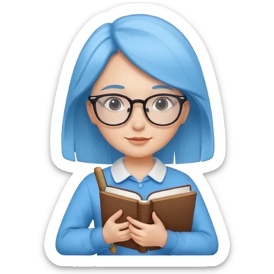 cute girl, glass, smart, Sky-blue colored clothing,
holding a book in one arm and a pen in the other hand.Holding a pen in the right hand as if teaching.Wearing glasses, with a smart and bright-looking face. sticker