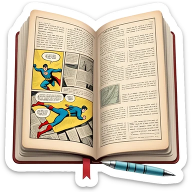 Create a detailed emoji representing the process of writing texts for comic books. The design should feature a large, open comic book with vintage comic strips visible on its pages. A pen should be shown writing text on one of the comic panels, but without a hand. The pencil should appear as though it is actively creating the dialogue or narration. Use a classic color palette with muted tones for the comic book and brighter accents on the pencil to draw attention to the writing process. Do not include any emojis or smiley faces. Make the background transparent. sticker