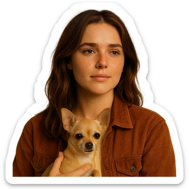 Centered portrait for Instagram profile picture inspired by the facial features visible in the reference images, with a tanned complexion, subtle freckles, shirt color #FFF8CA, rust-colored jacket, medium-length brown hair with auburn highlights, dreamy and peaceful expression, holding a beige-brown chihuahua, Netflix series style, transparent background, intimate Tenerife ambiance. sticker