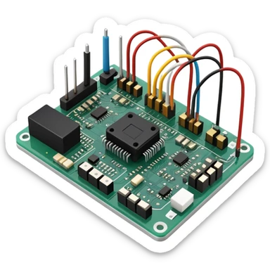 An icon featuring a circuit board, electrical wires, symbolizing electrical engineering. The design includes resistors, capacitors, and a power transformer, representing the study of electrical systems and innovation. Transparent background highlights modern electrical technology sticker