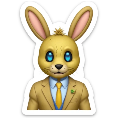 springtrap yellow damage hare suit with hare ears blue eyes with strands of 3C hair size of a small toothpick sttcking up sticker