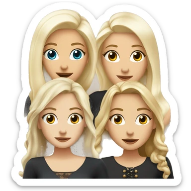 Four beautiful white european girls, one with blond hair and two dark blond hair in dresses have coffee sticker