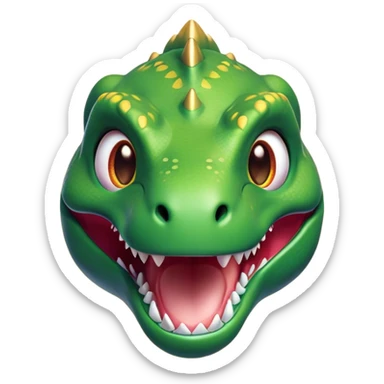 Cinematic Cute T-rex Portrait Emoji, Head tilted playfully with a big, endearing smile, featuring a compact, fierce yet friendly form with a massive head, tiny arms, and sparkling, mischievous eyes, Simplified yet irresistibly adorable features, highly detailed, glowing with a warm, inviting prehistoric glow, high shine, affectionate and lively, stylized with a touch of whimsical dinosaur charm, soft glowing outline, capturing the essence of a mischievous yet lovable T-rex that seems as if it could stomp out of the screen into your heart! sticker