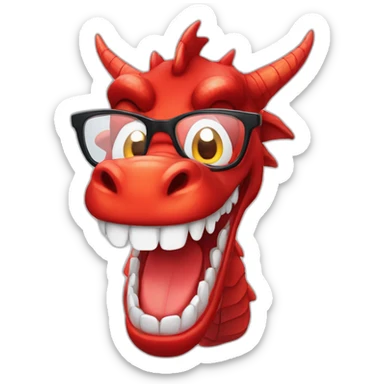 Crazy funny red dragon head with human white teeth and beautiful smile wearing glasses sticker