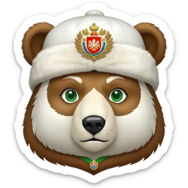 Bear head only, brown fur and green eyes, white ushanka hat with extremely accurate Russian Federation coat of arms with all correct elements and colors, iOS emoji style sticker