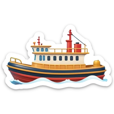 A 3D cartoon tugboat towing another boat on calm blue water, soft waves, clear sky, Memoji-style. sticker