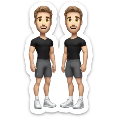 Surprised Pale skinned Fit Man With the biceps and dark brown hair in black shirt, gray sports shorts and white Sneakers sticker