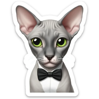 gray sphynx cat with tuxedo markings a black nose and green eyes sticker