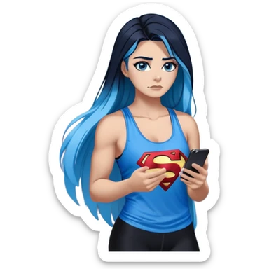 Shameful disappointed crying-very very very very big chest-texting on a samsung cell phone-very long straight flowing black to sky blue hair ombre-blue eyes-black eyeliner-long eyelashes-plastic sparkling sky blue very low cut tank top with sparkling superman logo-black leggings-nike sneakers sticker