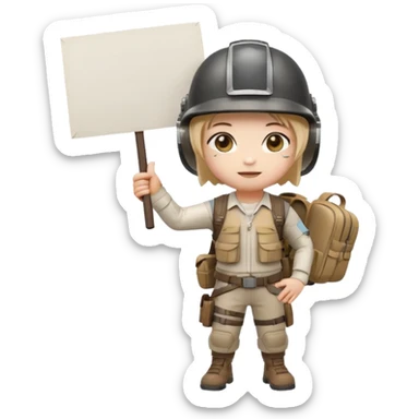 Create a cute emoji-style PUBG Mobile character, chibi version with helmet and backpack, standing in victory pose, holding a blank white sign or paper sheet in both hands in front of chest, ready for text, clean white background, simple emoji design” sticker