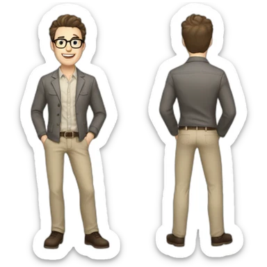 Joyful Full height Pale skinned Fit Man With dark brown hair in gray jacket, beige office shirt, Brown pants and vintage glasses. His thrumbs up sticker