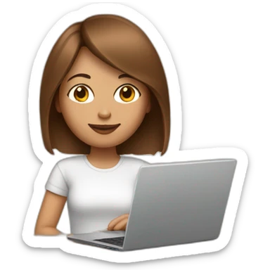 girl with brown bob and fair skin with laptop and coffee sticker