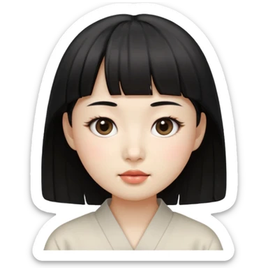 Clean Korean illustration-style emoji portrait of a young Korean woman, front-facing.
Smooth porcelain skin, soft shading, large round eyes, calm neutral expression.
Straight black bangs, black hair tied back, small nose and lips.
Round oval face, soft jawline.

 sticker