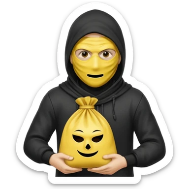 Ladrão com saco de dinheiro emoji efeito Mandela com pele amarelo com apenas a cabeça e os ombros aparecendo sem mãos sticker