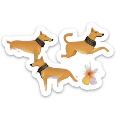  brindle brown black maroon striped lurcher Alsatian fox running blue eyes and iridescent holographic oilslick harness wearing paper iridescent tropical flower crown yellow caution tape sticker