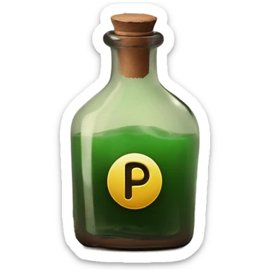 Mysterious Alchemical vintage glass potion bottle, exquisite bottle shape, old and shabby, with label, stylish and minimalistic, brown and shabby-green, oil potion is poured out of the bottle, herbal, flowers and oil is spilled next to it sticker
