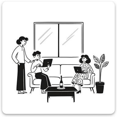 escenary 3d of a cozy mid-century living room with two people working on laptops, one man standing at a desk, and one woman sitting on a couch sticker