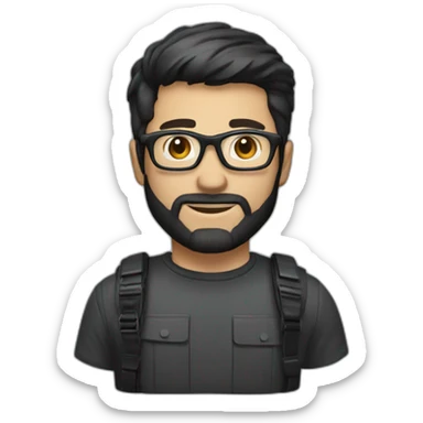 masculine man with dark glasses, short dark hair, and short beard with a camera sticker