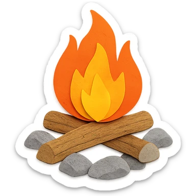 campfire, layered paper details, bright orange and yellow flames, logs and rocks, naturalistic setting sticker