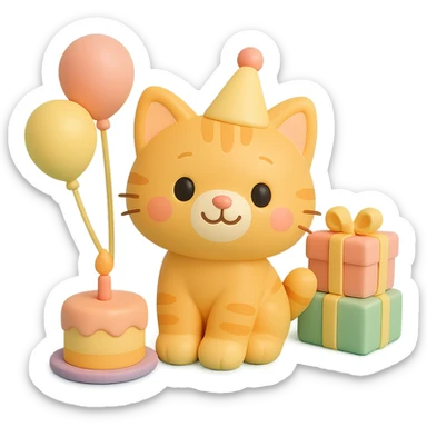 ginger tabby kitten sitting next to a stack of gifts, wearing a party hat, birthday cake and balloons around, cheerful sticker