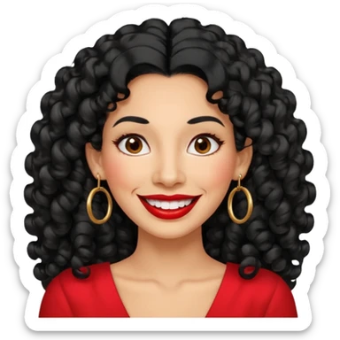 40 yr old peruvian woman, very curly long black hair, red lipstick, big smile, white teeth, brown eyes, hoop earings, hair parted at side sticker