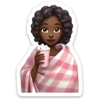 Cute black girl wrapped in pastel pink plaid blanket drinking coco with marshmallows sticker