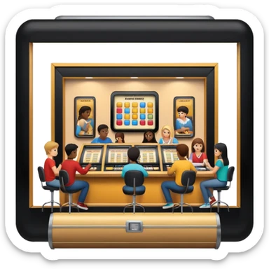 Birdseye view of large study space with students working separately add students add a jukebox sticker