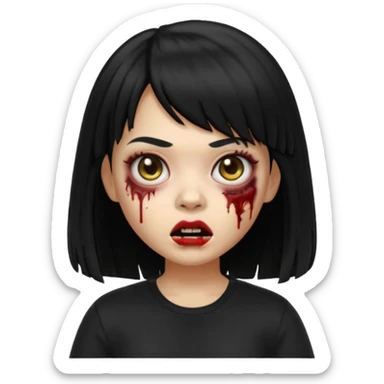 A zombie girl in Apple Memoji format with HUGE, straight black hair with bangs, wearing a black shirt. sticker