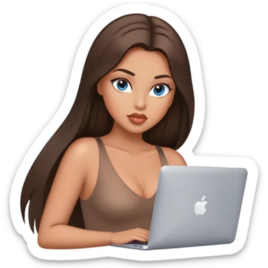 Glamours tanned very beautiful girl with big pump peach lips and dark chocolate straight smooth long hair, blue-grey eyes in brown/beige bodysuit with MacBook sticker