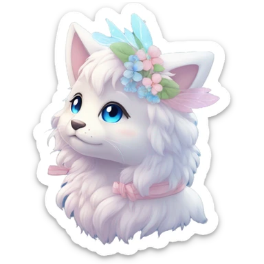 Anthro Cute Cool Blushing Pastel Innocent Shy Kawaii gorgeous sparkly ethereal fantasy anime animal creature with blue eyes furry sona with flowers and ribbons beautiful aesthetic sticker